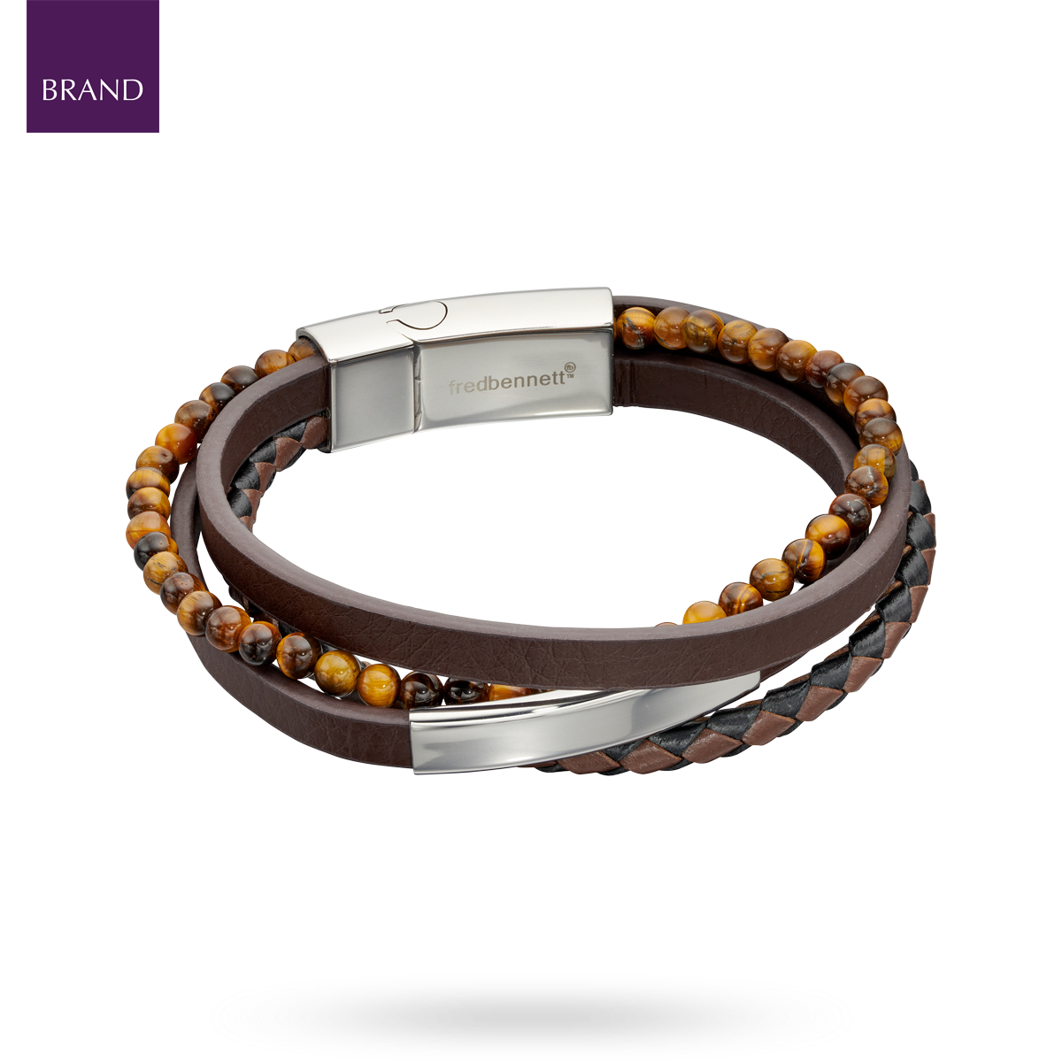 Multi Row Recycled Brown Leather Bracelet With Stainless Steel ID Bar & Tigers Eye Beads