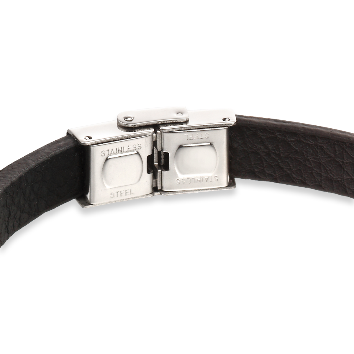 Stainless Steel ID Bar Black Leather Bracelet With Brown Cord Detail