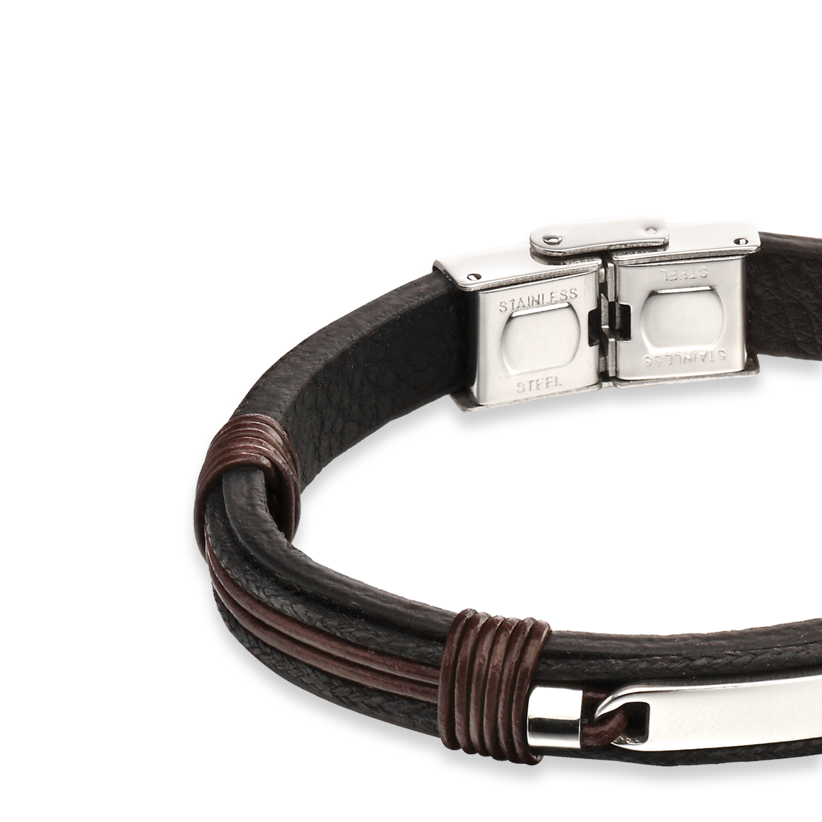 Stainless Steel ID Bar Black Leather Bracelet With Brown Cord Detail