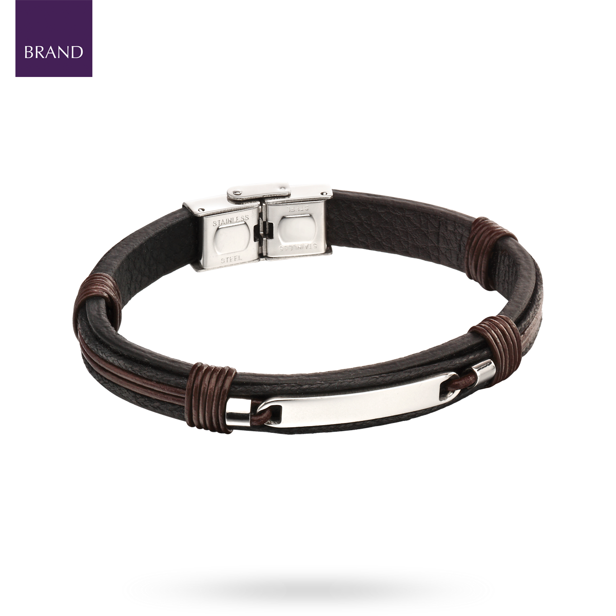Stainless Steel ID Bar Black Leather Bracelet With Brown Cord Detail
