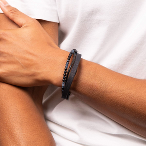 Model wears Multi Row Blue Cork & Recycled Leather Bracelet With Tigers Eye & Chalcedony Beads