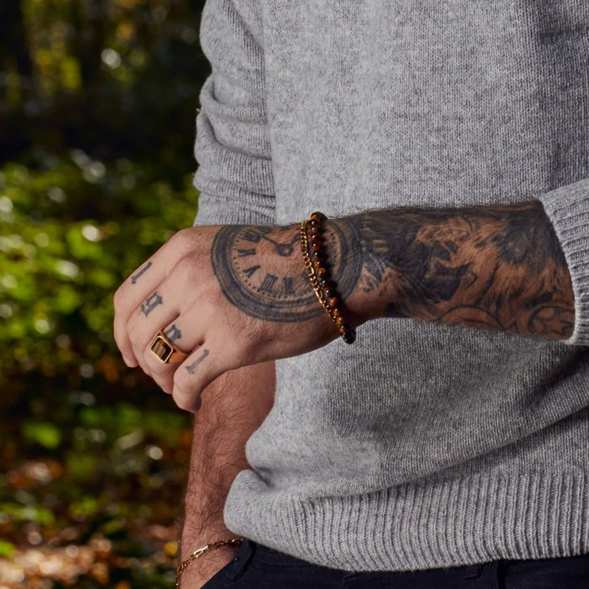 Model wears Gold Plated Tiger’s Eye Beaded Bracelet