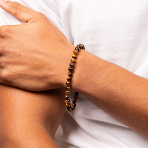 Model wears Gold Plated Tiger’s Eye Beaded Bracelet