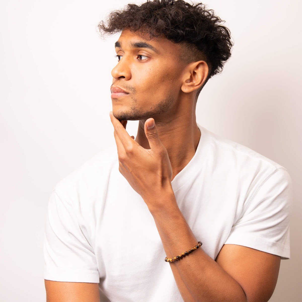 Model wears Gold Plated Tiger’s Eye Beaded Bracelet