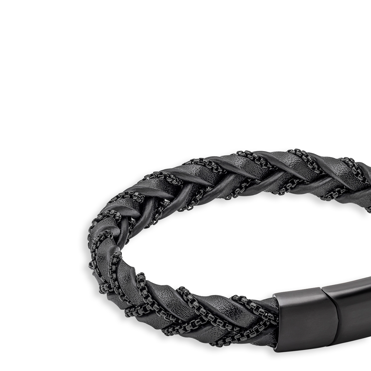 Black Stainless Steel Chain Plait Leather Bracelet