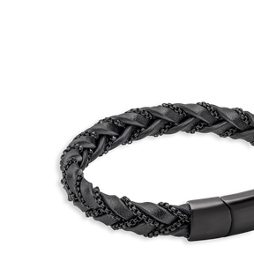 Black Stainless Steel Chain Plait Leather Bracelet