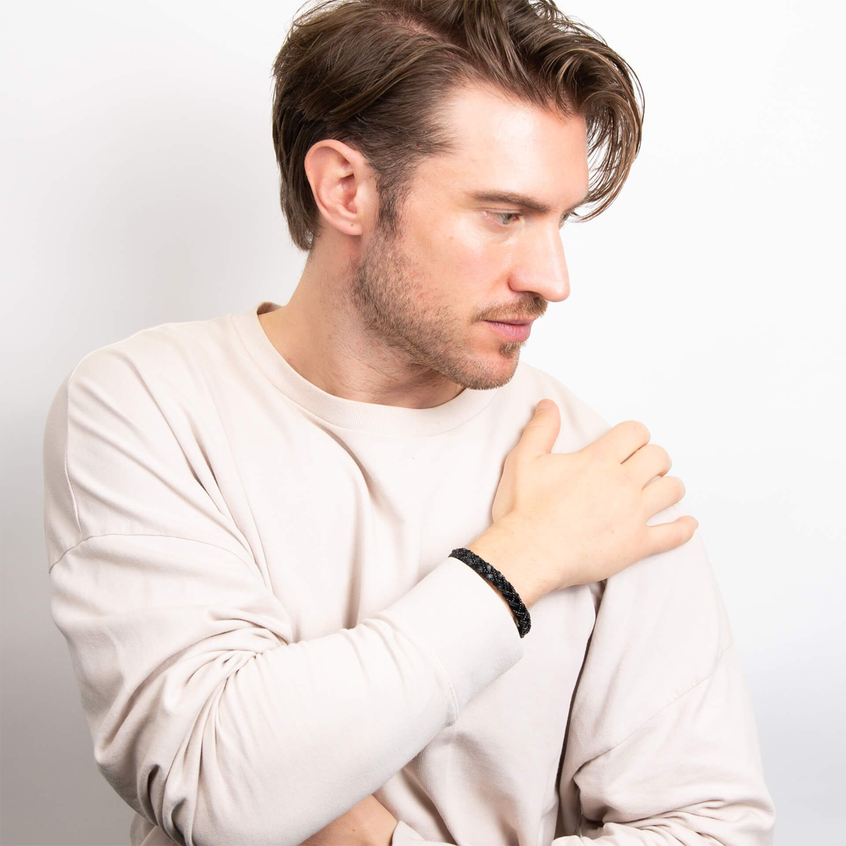 Model wears Black Stainless Steel Chain Plait Leather Bracelet