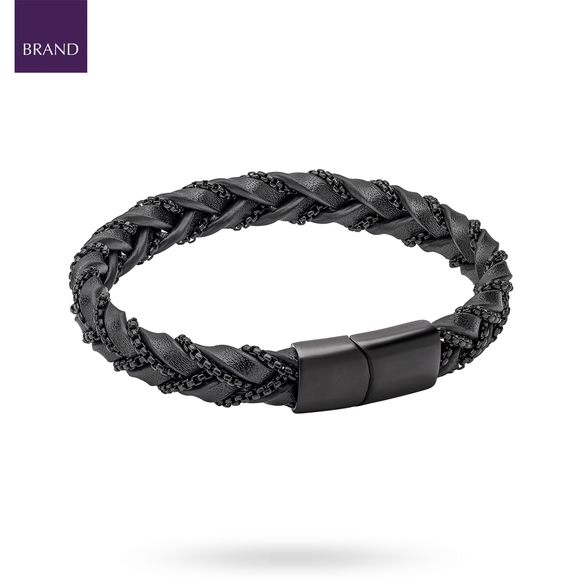 Black Stainless Steel Chain Plait Leather Bracelet