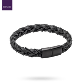 Black Stainless Steel Chain Plait Leather Bracelet