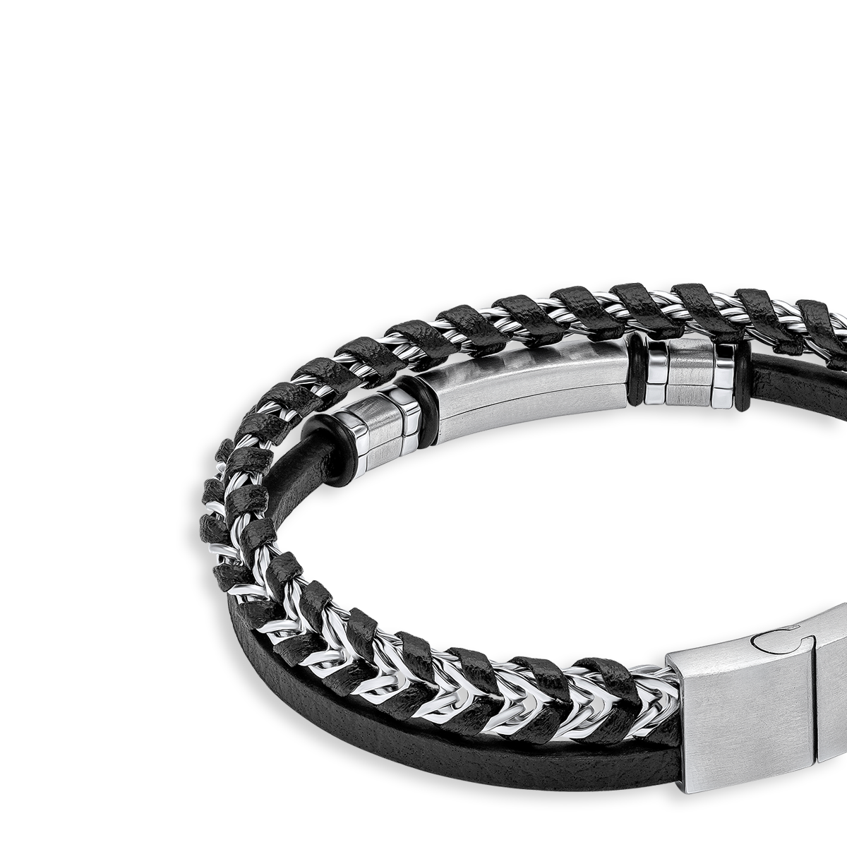 Black Leather & Stainless Steel ID Bar Bracelet