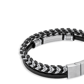 Black Leather & Stainless Steel ID Bar Bracelet