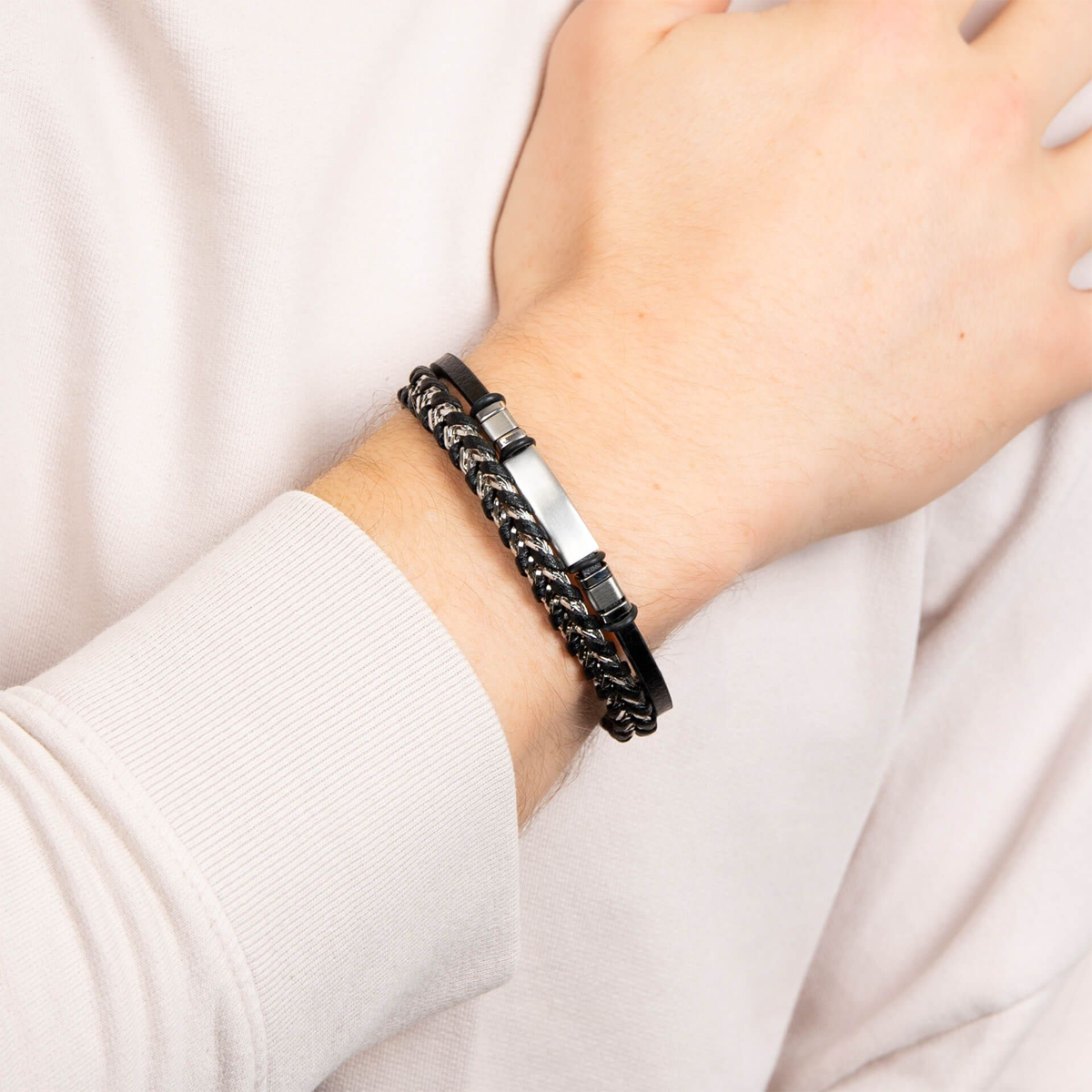 Model wears Black Leather & Stainless Steel ID Bar Bracelet
