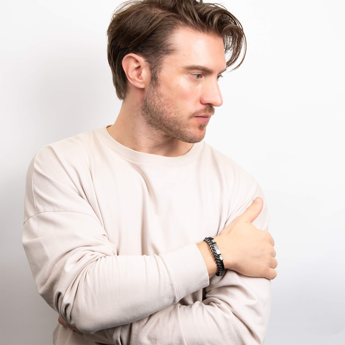 Model wears Black Leather & Stainless Steel ID Bar Bracelet