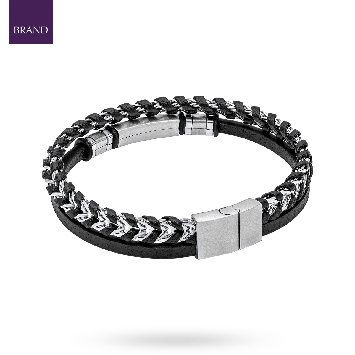 Black Leather & Stainless Steel ID Bar Bracelet