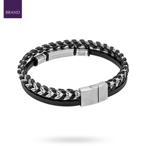 Black Leather & Stainless Steel ID Bar Bracelet