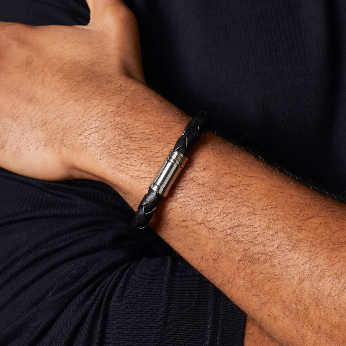 Model wears Black Leather & Stainless Steel Centrepiece Bracelet