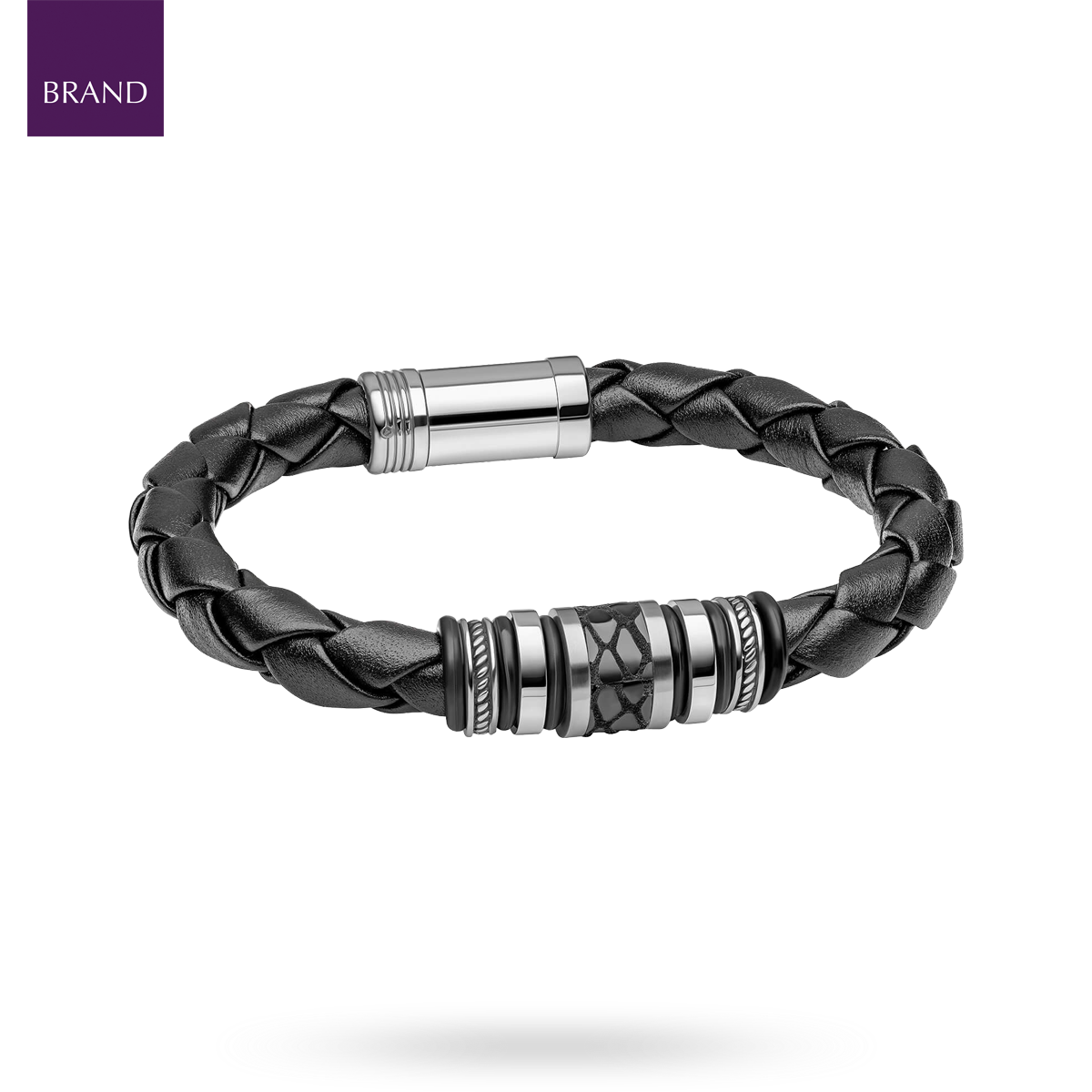 Black Leather & Stainless Steel Centrepiece Bracelet