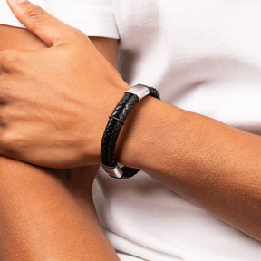 Model wears Black Leather Bracelet with Stainless Steel Sections