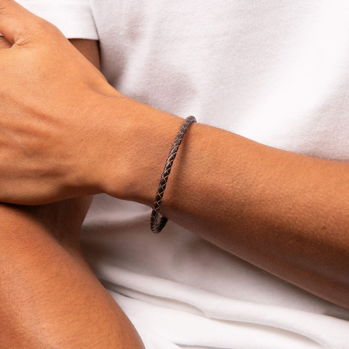 Model wears Skinny Stainless Steel Brown Leather Bracelet with Magnetic Clasp
