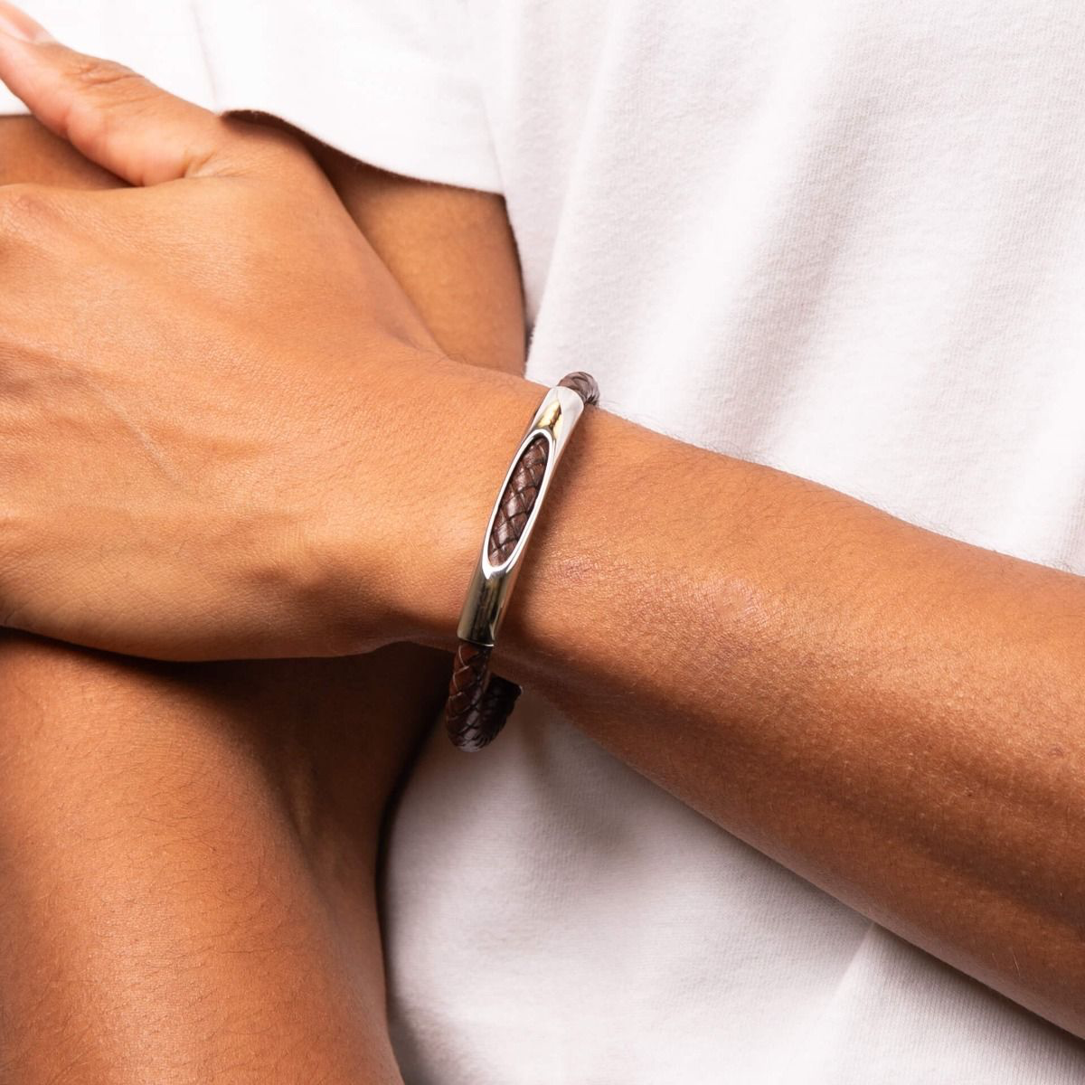 Model wears Woven Brown Leather & Stainless Steel Magnetic Clasp Bracelet
