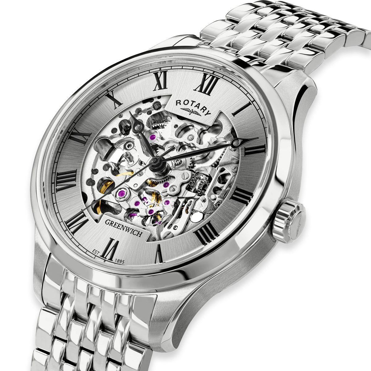 Rotary Greenwich Skeleton Automatic, Silver Dial with Stainless Steel Bracelet GB02940/06