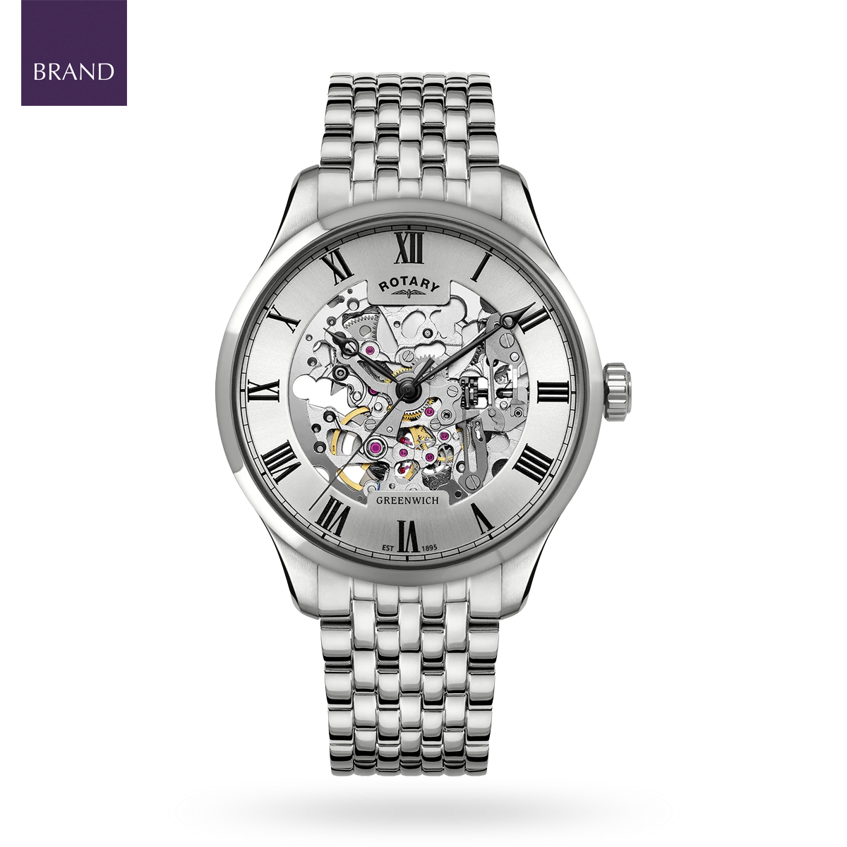 Rotary Greenwich Skeleton Automatic, Silver Dial with Stainless Steel Bracelet GB02940/06