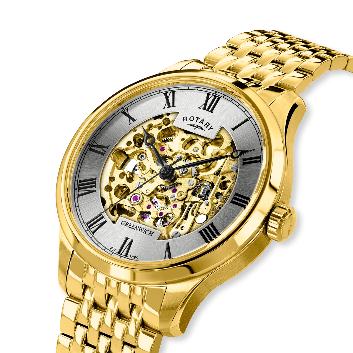 Rotary Greenwich Skeleton Automatic, Silver Dial with Gold Plated Bracelet - GB02941/03