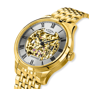 Rotary Greenwich Skeleton Automatic, Silver Dial with Gold Plated Bracelet - GB02941/03