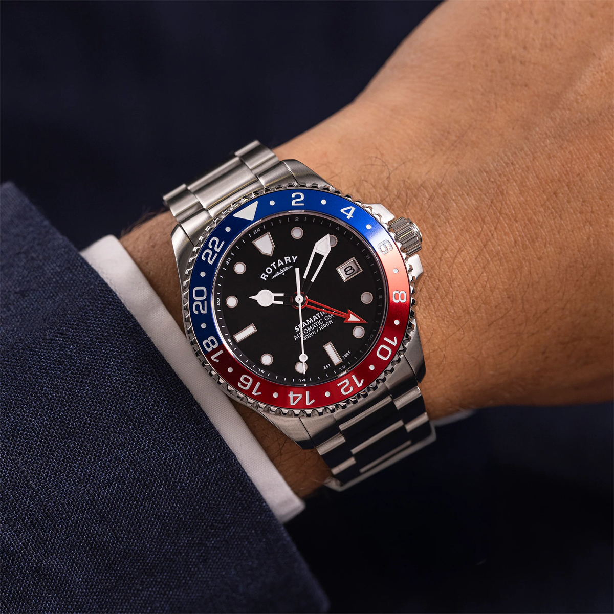 Model wears Rotary Seamatic 300 GMT Automatic, Black Dial with Stainless Steel Bracelet - GB04378/95