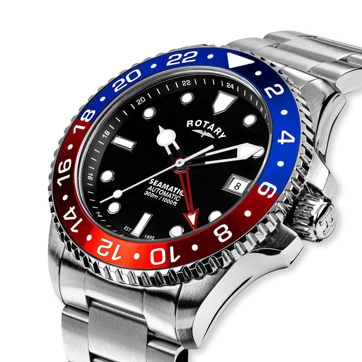 Rotary Seamatic 300 GMT Automatic, Black Dial with Stainless Steel Bracelet - GB04378/95