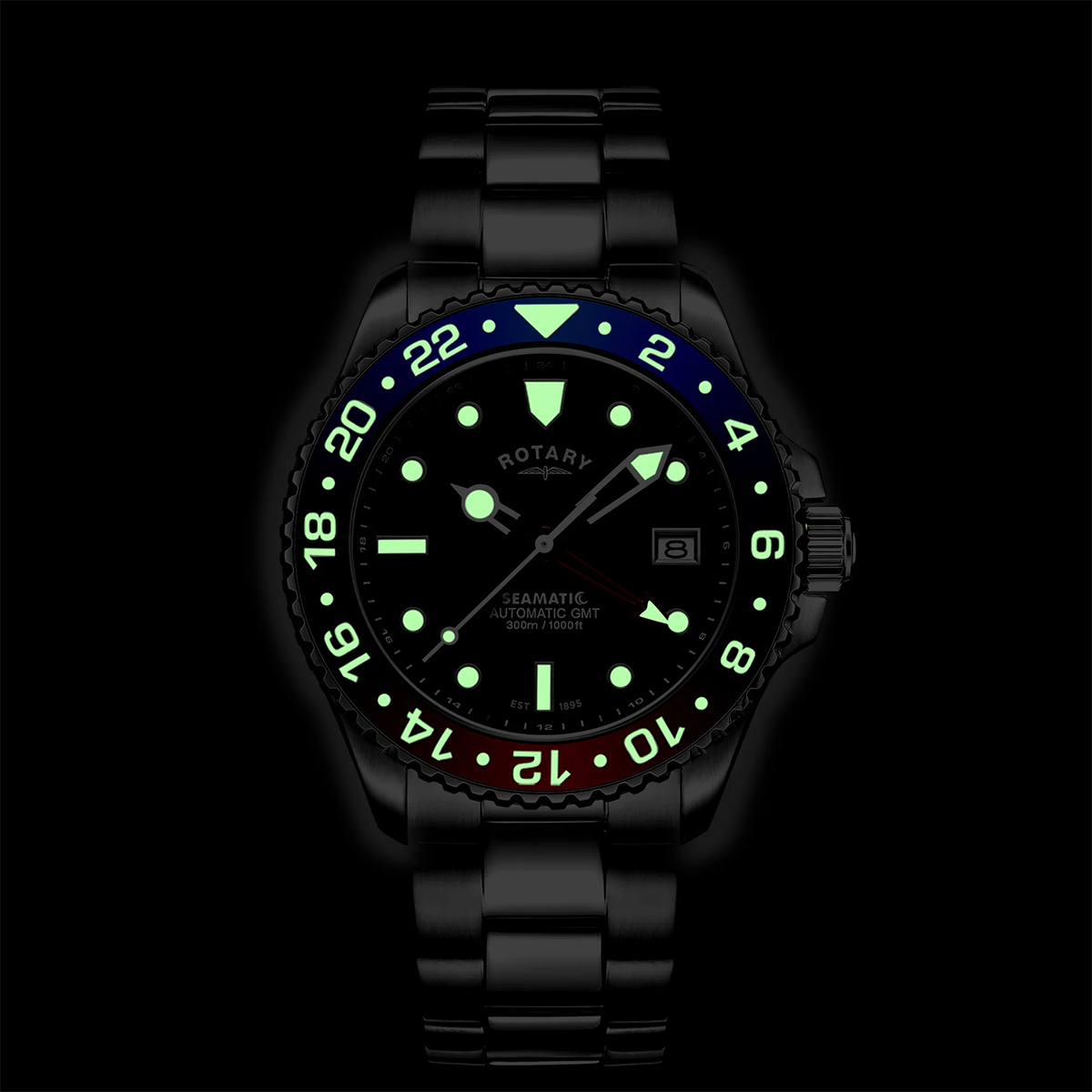 Rotary Seamatic 300 GMT Automatic, Black Dial with Stainless Steel Bracelet - GB04378/95