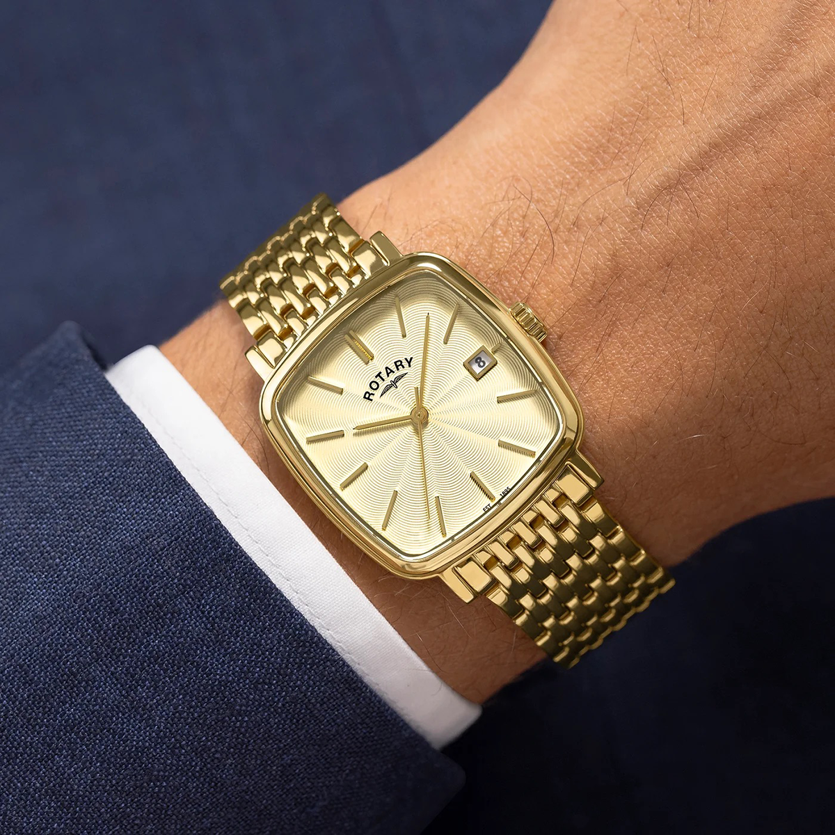 Model wears Rotary Heritage Astoria, Champagne Dial with Gold Plated Bracelet GB05308/03