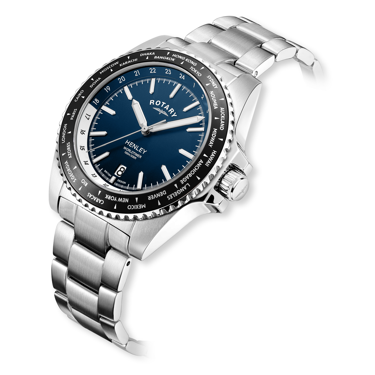 Rotary Henley WorldTimer Watch, Blue Dial with Stainless Steel Bracelet - GB05370/88