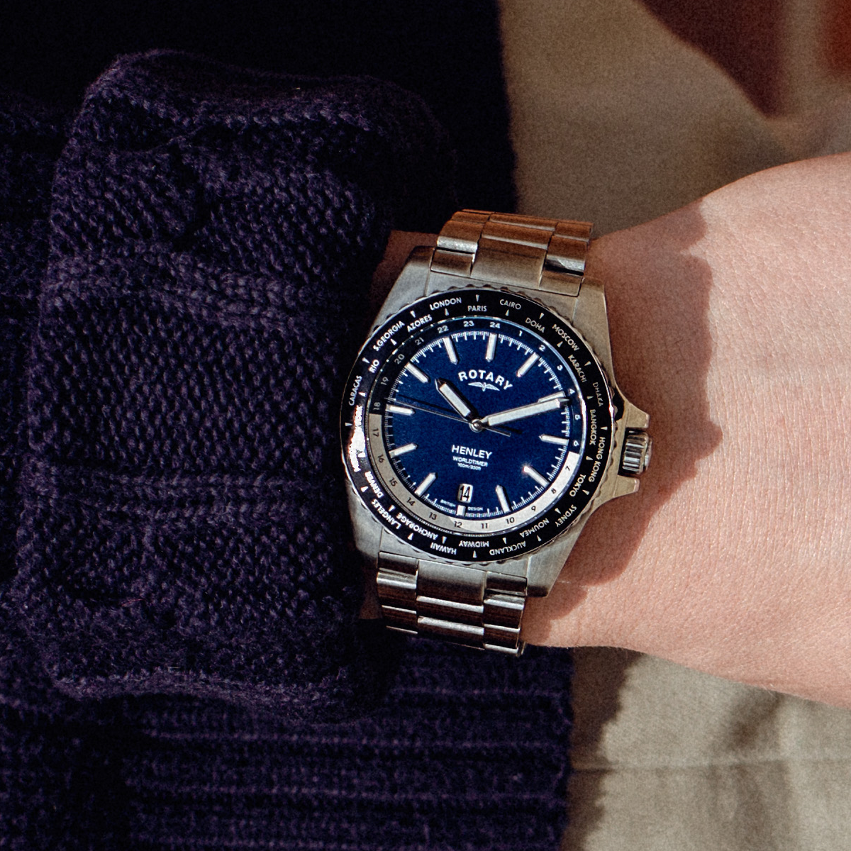 Rotary men's stainless steel hot sale blue dial bracelet watch