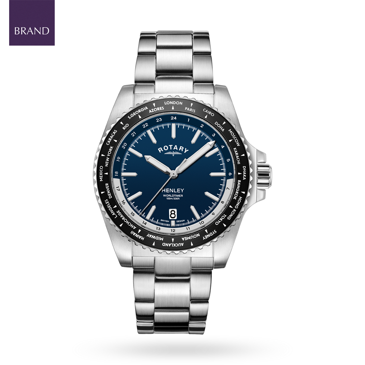 Rotary Henley WorldTimer Watch, Blue Dial with Stainless Steel Bracelet - GB05370/88