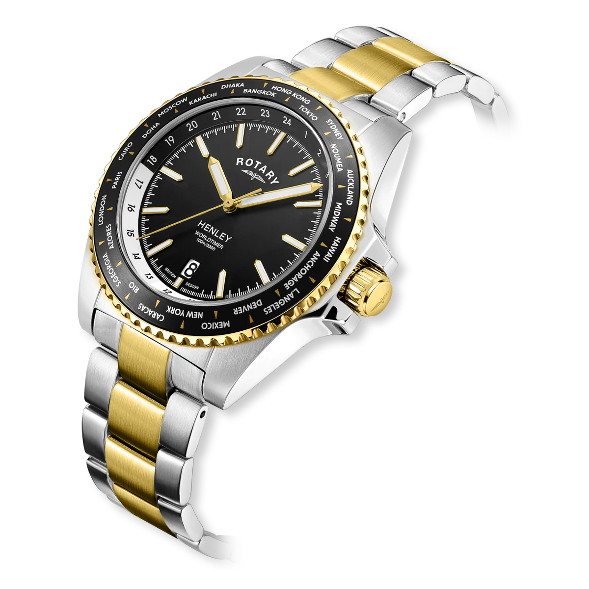 Rotary Henley WorldTimer Two Tone, Back Dial with Stainless Steel Bracelet - GB05371/04