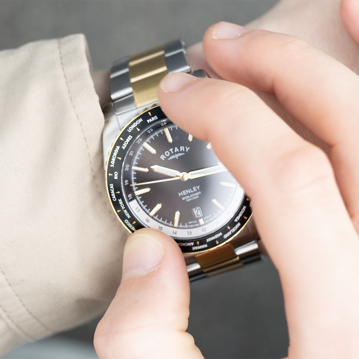 Rotary Henley WorldTimer Two Tone, Back Dial with Stainless Steel Bracelet - GB05371-04