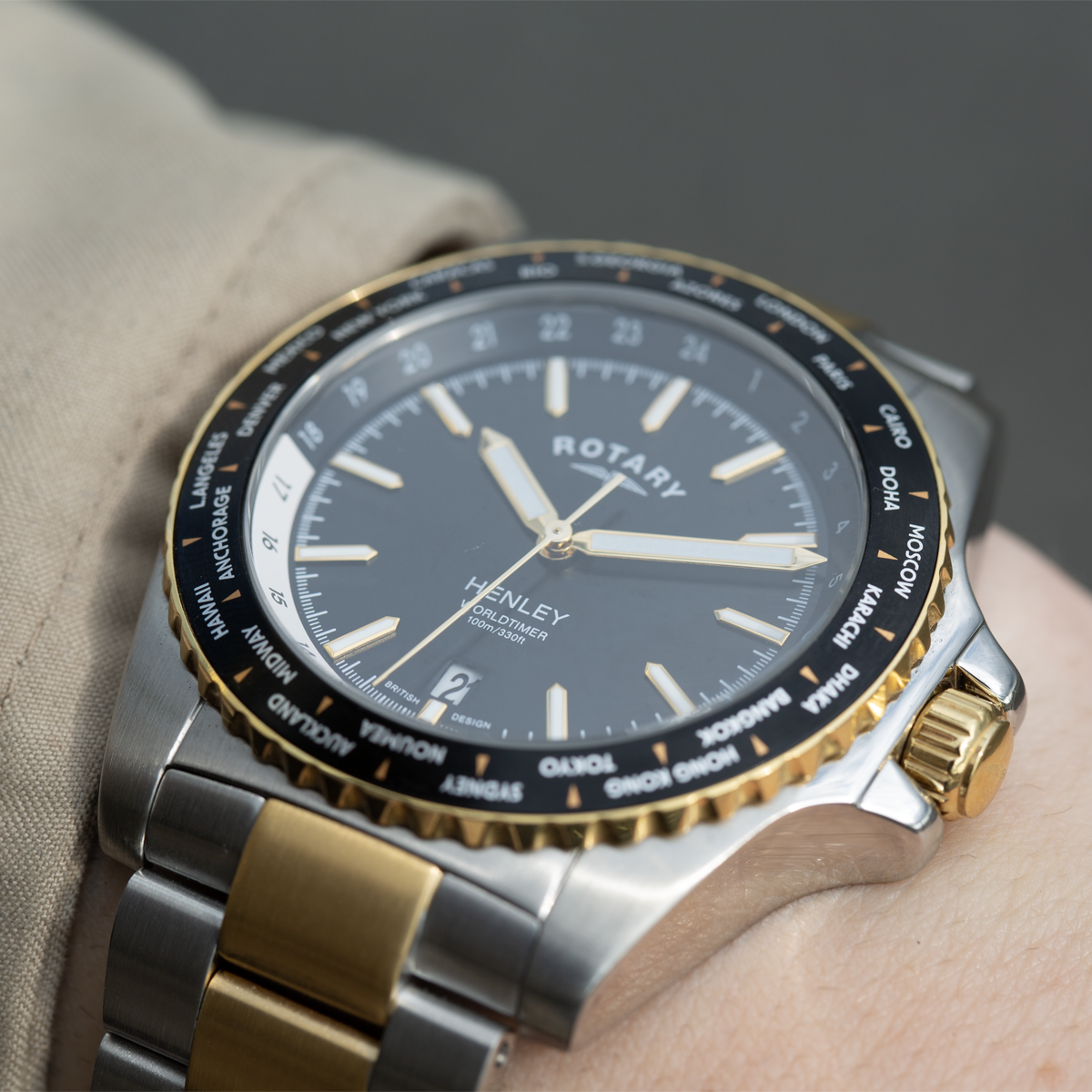Rotary Henley WorldTimer Two Tone, Back Dial with Stainless Steel Bracelet