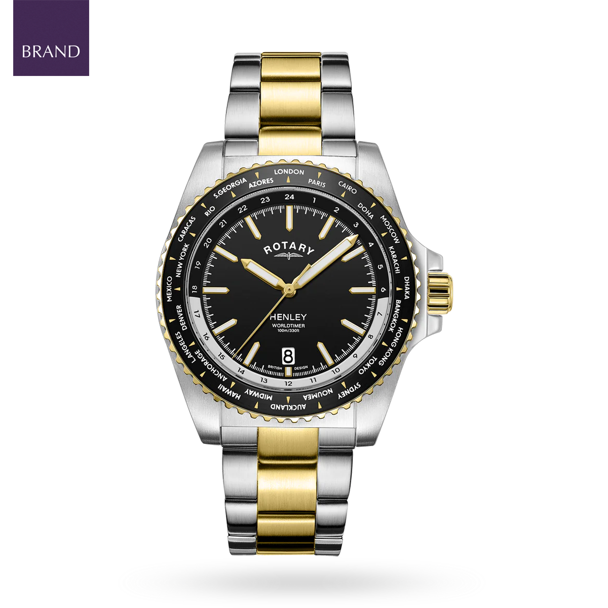 Rotary Henley WorldTimer Two Tone, Back Dial with Stainless Steel Bracelet - GB05371/04