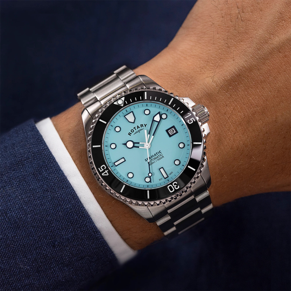 Model wears Rotary Seamatic 300 Automatic, Light Blue Dial with Stainless Steel Bracelet - GB05430/57