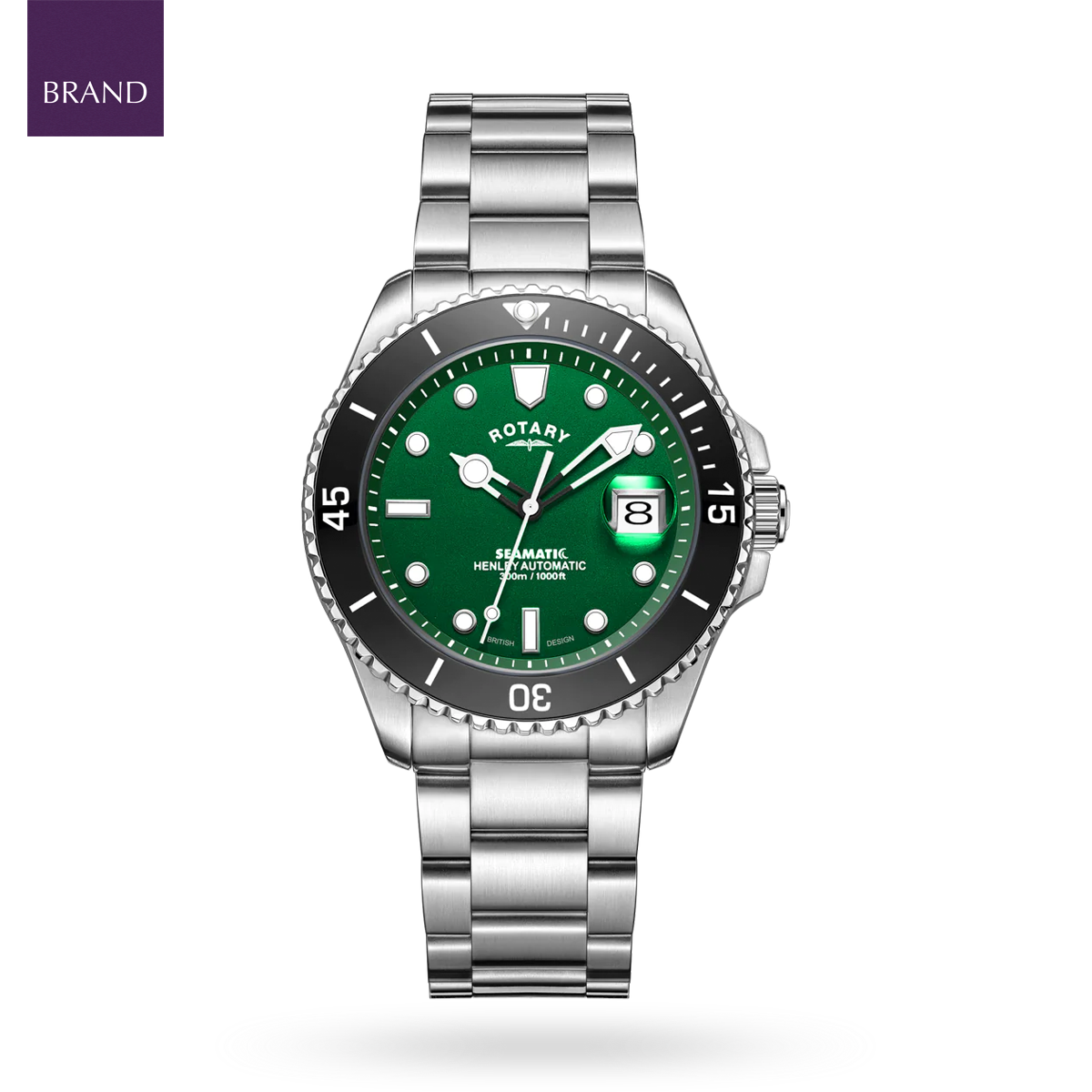 Rotary Henley Seamatic Automatic Diver, Green Dial with Stainless Steel Bracelet - GB05430/78