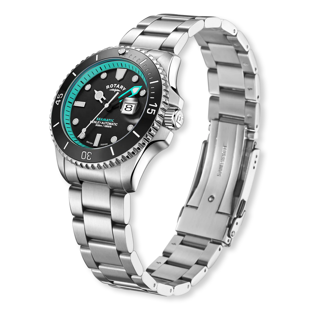 Rotary Henley Seamatic Automatic Diver, Black & Teal Dial with Stainless Steel Bracelet - GB05430/80