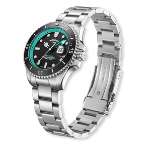Rotary Henley Seamatic Automatic Diver, Black & Teal Dial with Stainless Steel Bracelet - GB05430/80