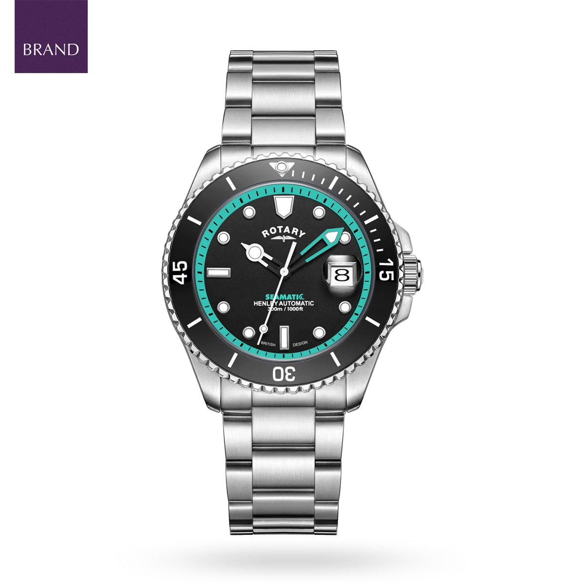 Rotary Henley Seamatic Automatic Diver, Black & Teal Dial with Stainless Steel Bracelet - GB05430/80