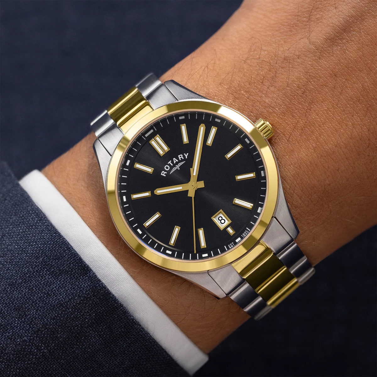 Model wears Rotary Heritage 2-Tone Watch, Black Dial with Stainless Steel Bracelet GB05521/04