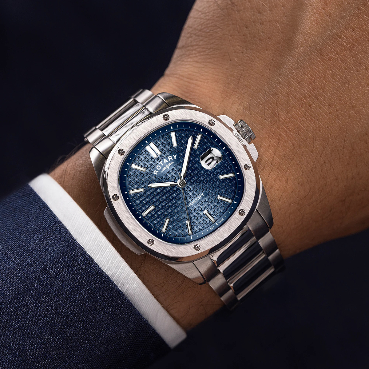 Model wears Rotary Apex 100, Blue Dial with Stainless Steel Bracelet GB05575/05