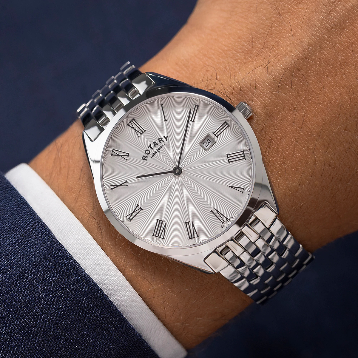 Model wears Rotary Ultra Slim Watch, Silver Dial with Stainless Steel Bracelet GB08010/01