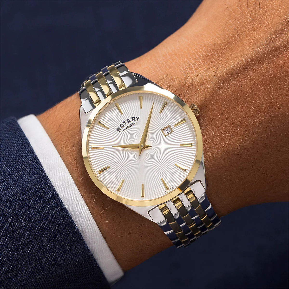 Model wears Ultra Slim 2-Tone Watch, Silver Dial with Stainless Steel Bracelet GB08011/02