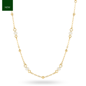 9ct Yellow Gold Freshwater Pearl Trace Link Station Necklace