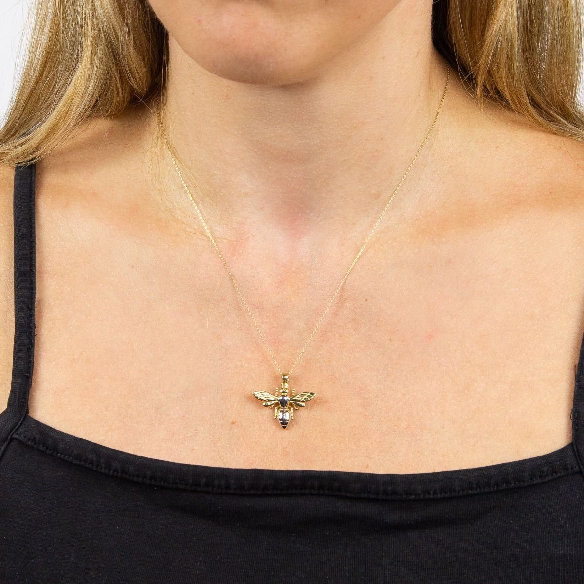 Model wears 9ct Yellow & White Gold Bee Pendant